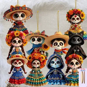 Detailed view of 10-piece wooden flat sugar skull ornaments with vibrant Mexican designs