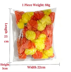 Detailed view of artificial marigold flower garland in packaging with dimensions