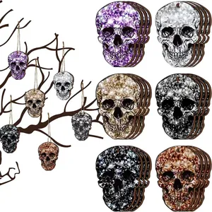 Set of glittery wooden skull hanging ornaments for Halloween home and party decor