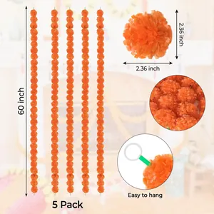 Detailed view of 5 pack orange artificial marigold garlands with 60 inch length dimensions.