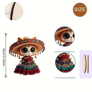 Mexican Day of the Dead 2D flat wooden cat pendant ornament detail and dimensions