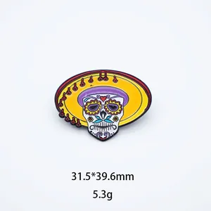 Mexican sugar skull enamel pin detail with 31.5x39.6mm dimensions and 5.3g weight