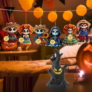 Set of 6 Mexican Day of the Dead 2D wooden flat ornaments with colorful skull designs