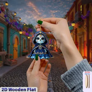 Day of the Dead skull wooden hanging ornament with 2D flat design and blue hood detail