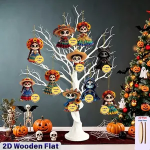 Variety of Mexican Day of the Dead wooden flat ornaments with colorful skull character designs