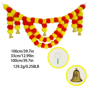 Marigold Flower Garland Door Curtain Indian Wedding Mexican Day Of Dead Plastic Artificial Flower String With Golden Bells