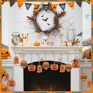 Mexican Day of the Dead wooden hanging decorations displayed on a festive fireplace mantel
