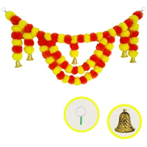 Detail view of Indian wedding marigold garland showing hanging ring and gold bell