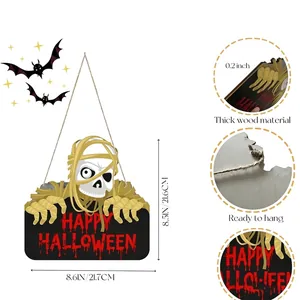 Plaque de porte Halloween en bois avec crâne de momie, épaisseur 0,5 cm, 21,7x21,6 cm