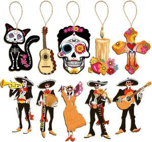 Detailed set of 10 wooden Day of the Dead ornaments with skulls and skeleton figures