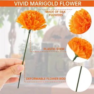 Vue détaillée de l'œillet d'Inde en soie orange vif avec une tige en plastique flexible.