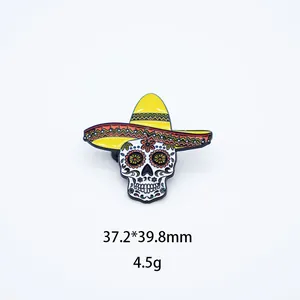 Colorful Mexican sugar skull enamel pin with sombrero, size 37x39mm, weight 4.5g.