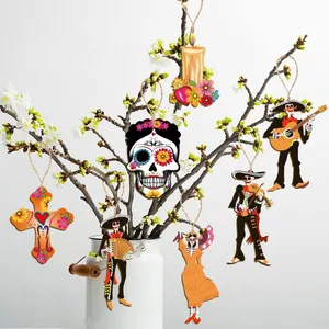 Set of wooden Day of the Dead skull and musician ornaments on decorative branches