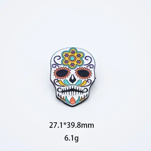 Colorful Mexican sugar skull enamel pin with floral details for Halloween gift