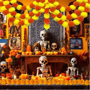 Detail of orange and yellow marigold garlands used for Day of the Dead altar decoration