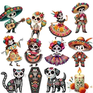 Colorful Mexican Day of the Dead wooden skeleton ornaments set for festive home wall decor