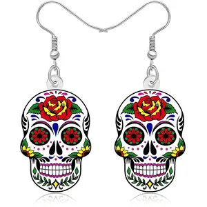 Boucles d'oreilles tête de mort en acrylique avec motif de rose rouge décorative chic