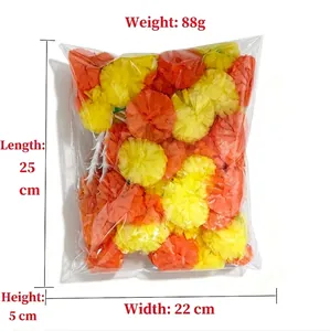 Detailed size specifications for marigold flower string in orange and yellow packaging