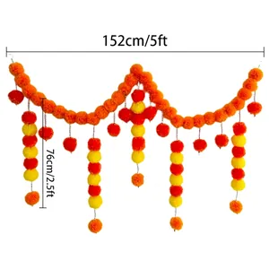 Detailed view of orange marigold pom-pom garland decoration, size 152cm by 76cm