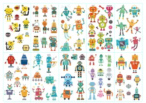 Detailed view of 10 unique sheets featuring colorful cartoon robot temporary tattoos