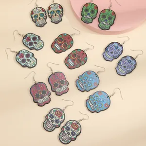 Boucles d'Oreilles Pendantes Crâne de Sucre Coloré en Acrylique Punk Rock pour Femmes Bijoux de Crâne Imprimés surdimensionnés