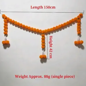 Orange marigold flower garland detail showing 150cm length and 42cm height dimensions