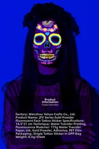 Fluorescent skull face tattoo stickers with neon glow effect for Halloween costume