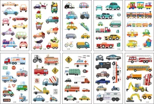 Cartoon vehicle temporary tattoo stickers for kids including cars trucks and emergency vehicles
