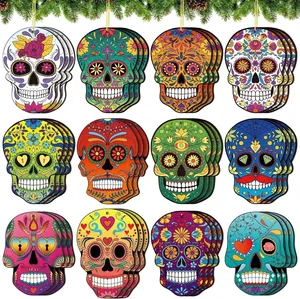 Set of 12 colorful wooden Day of the Dead sugar skull ornaments for party decor.