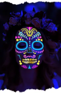 Close-up detail of neon Day of the Dead facial tattoo sticker showing vivid glowing effect