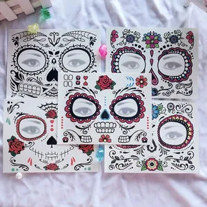 Set of 5 Day of the Dead face tattoo stickers featuring colorful sugar skull floral motifs.