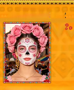 Detail view of matte Day of the Dead sugar skull face tattoo stickers on model