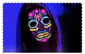 Close-up of fluorescent Day of the Dead neon face tattoo sticker with sugar skull motifs.