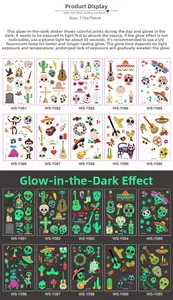 Luminous Day of the Dead temporary tattoos, 110x75mm cartoon party stickers