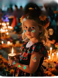 Close-up of glowing Day of the Dead temporary tattoos on a child's face and arms
