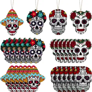Detailed view of colorful Mexican Day of the Dead wooden skull ornaments set