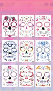 Variety of 9 Mexican sugar skull face tattoo stickers for Halloween Day of the Dead cosplay