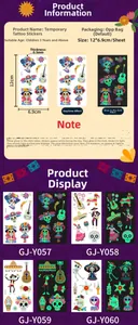 Luminous Day of the Dead temporary tattoos with sugar skull and guitar patterns for kids