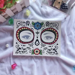 Detailed view of Day of the Dead face tattoo stickers with floral sugar skull design