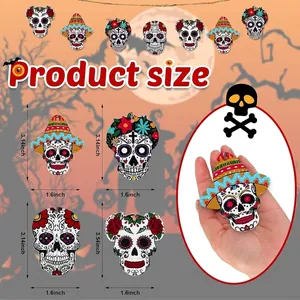 Detailed size guide for Mexican Day of the Dead wooden skull hanging ornaments set