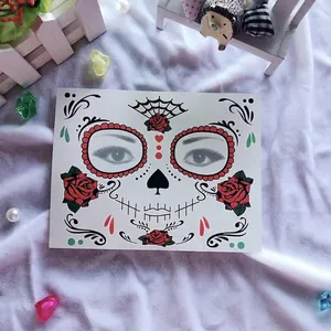 Detail view of Day of the Dead face tattoo sticker with rose and skull design for parties