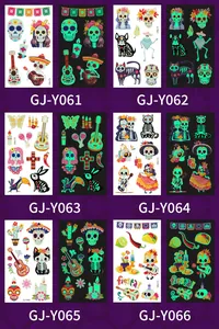 Variety of Day of the Dead glow-in-the-dark temporary tattoos featuring skulls and animals