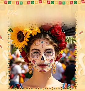 Vibrant sugar skull face tattoo sticker for Day of the Dead and Halloween cosplay