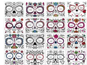 Detailed collection of sixteen Day of the Dead face tattoo stickers with vibrant skull motifs