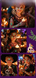 Luminous Day of the Dead temporary tattoos shown on children in festive night setting