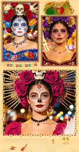 Close-up showing various sugar skull face tattoo sticker designs on models