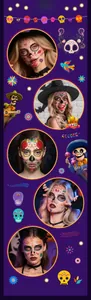 Detailed display of vibrant Day of the Dead temporary face tattoo stickers on various models