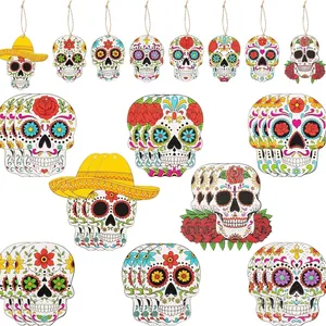 Detailed display of assorted colorful Day of the Dead wooden skull hanging ornaments