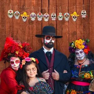 Wooden Day of the Dead skull pendants hanging above a family in traditional makeup