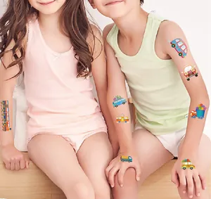 Colorful cartoon transport vehicle temporary tattoos for kids shown on skin detail